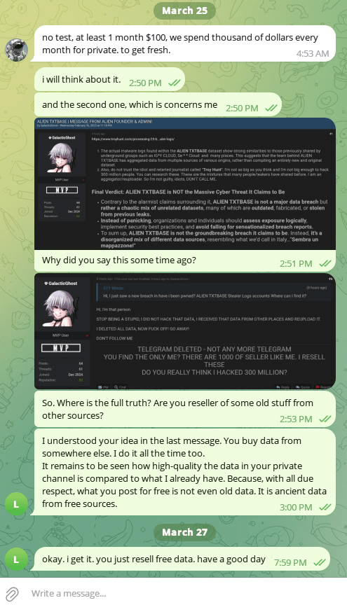 Figure 24. A screenshot of the conversation between Group-IB and AlienTXT. 