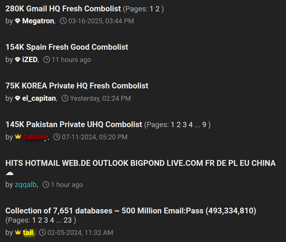 Figure 2. A screenshot of a series of posts on a dark web forum advertising the sale of combolists.