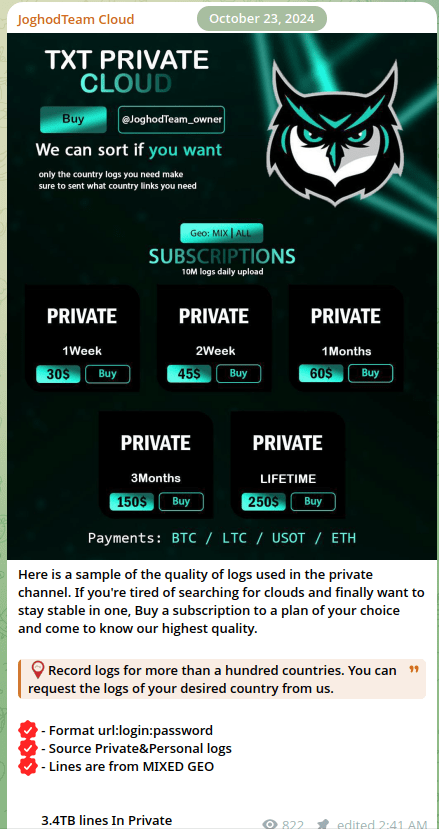 Figure 26. A screenshot of the JoghodTeam Cloud Telegram channel. 