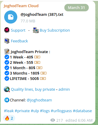 Figure 27. A screenshot of the JoghodTeam Cloud Telegram channel.
