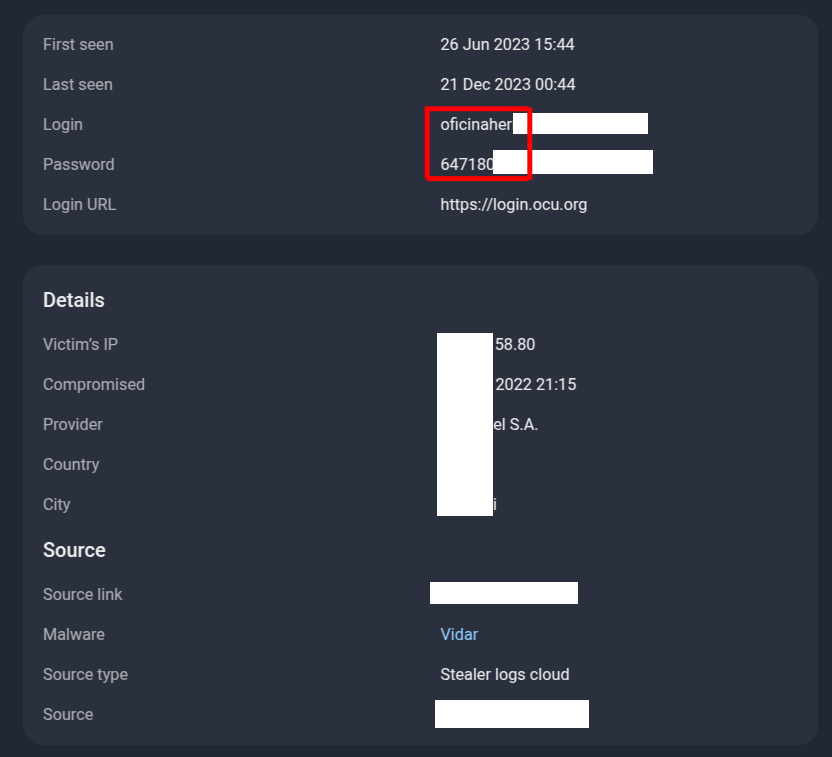 Figure 28. A screenshot of Group-IB’s Threat Intelligence platform, showing the published infostealer log of a single user, revealing the email address and password, as well as when the device was infected with an infostealer malware.