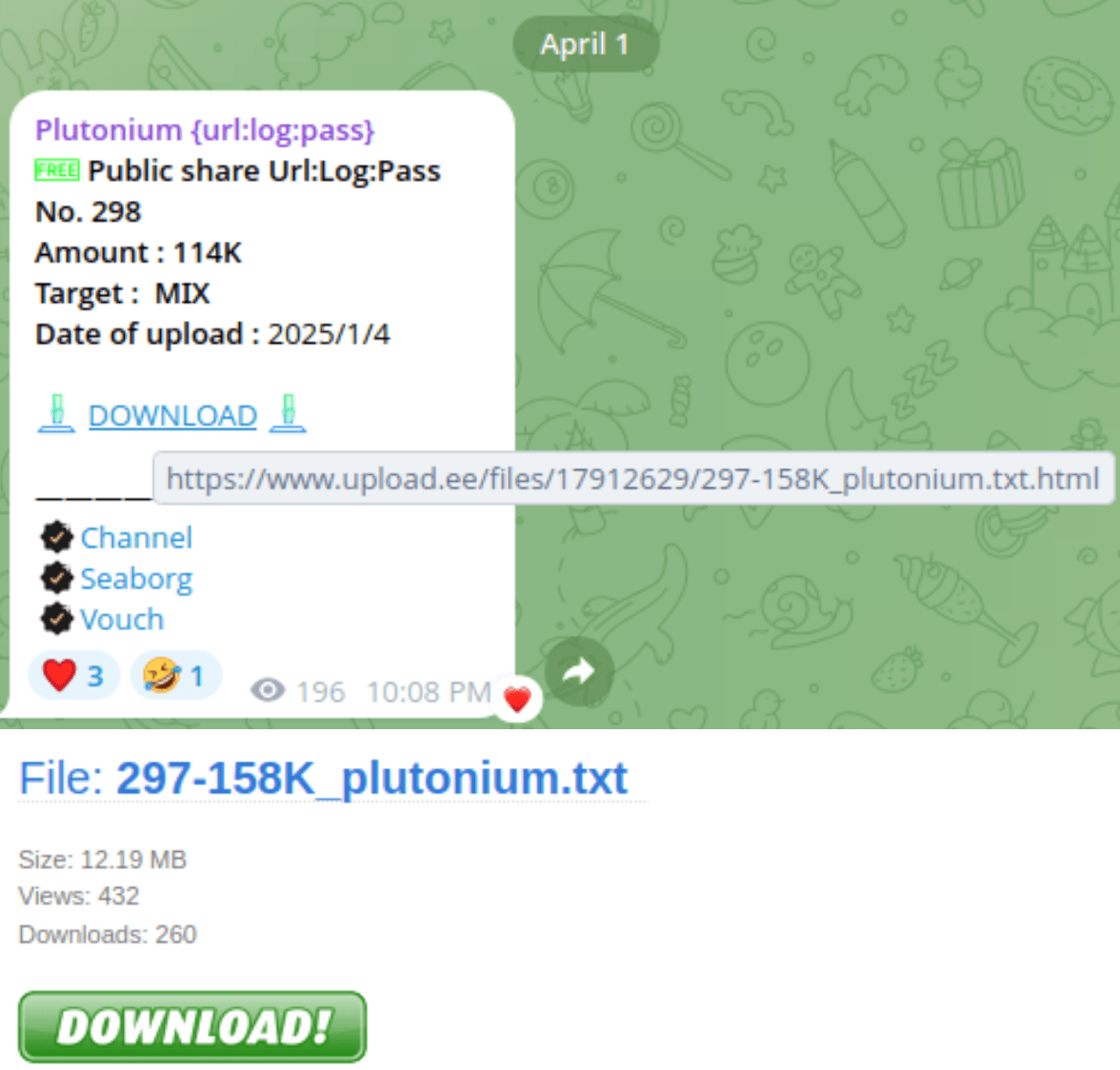 Figure 29. A screenshot of the Plutonium Telegram channel and of its sample data file.