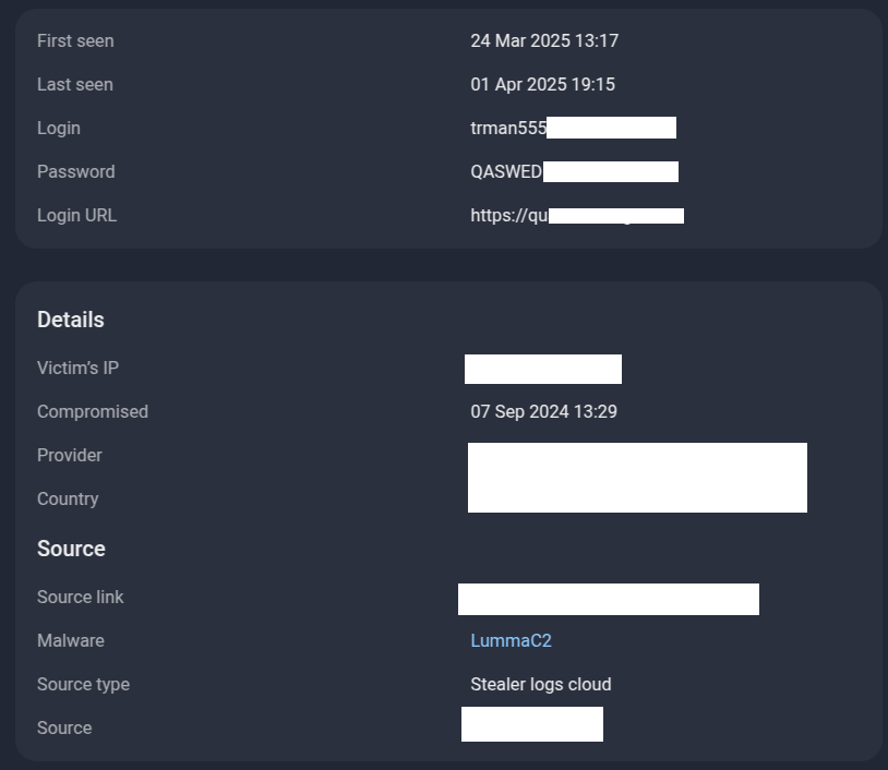 Figure 30. A screenshot of a published infostealer log of a single user, revealing the email address and password, as well as when the device was infected with an infostealer malware.