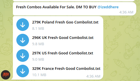 Figure 1. A screenshot of a message advertising the sale of several combolists via a Telegram channel. 