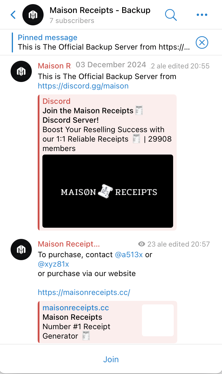 Figure 2. A screenshot of the official maisonreceipts.cctelegram channel