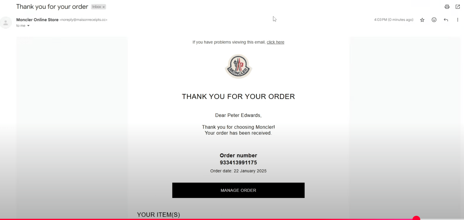 Figure 9. An email sent from Maison Receipts sending a fake generated receipt