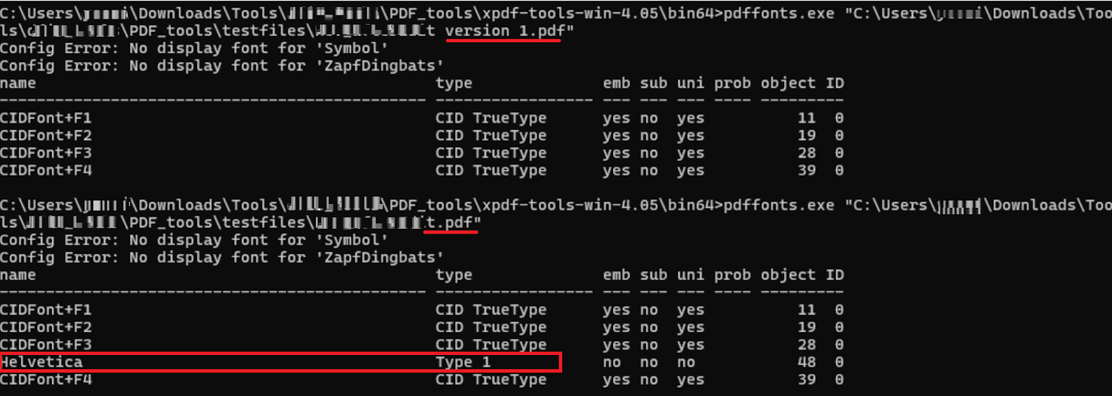 Figure 8. Comparison of fonts used between two versions of the PDF document.