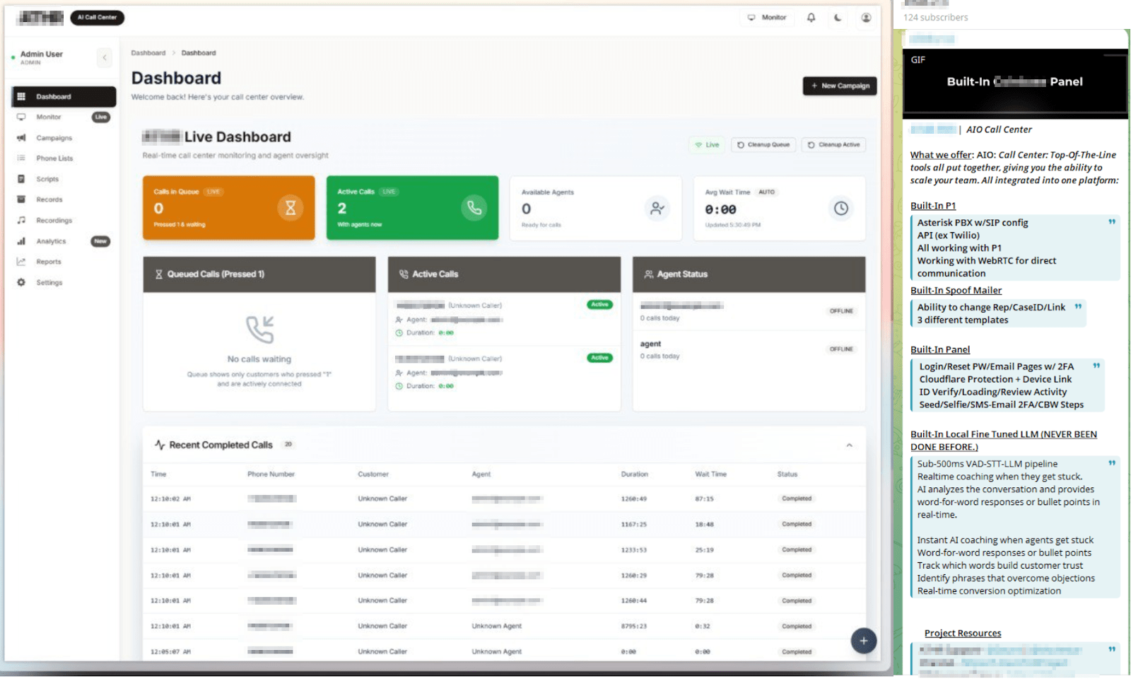 Figure 5. Advertisement of an “All-in-one” scam call center instrument including LLM-guided responses and conversations analysis. 