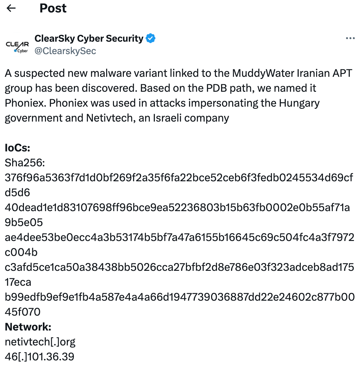 Figure 2. ClearSkySec post on X