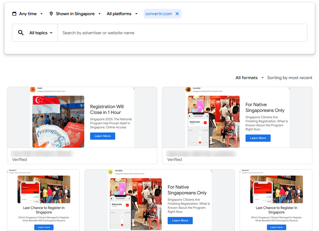 Figure 1. A screenshot of several Google Ads that promoted the investment scam targeting Singaporeans and Singapore residents.