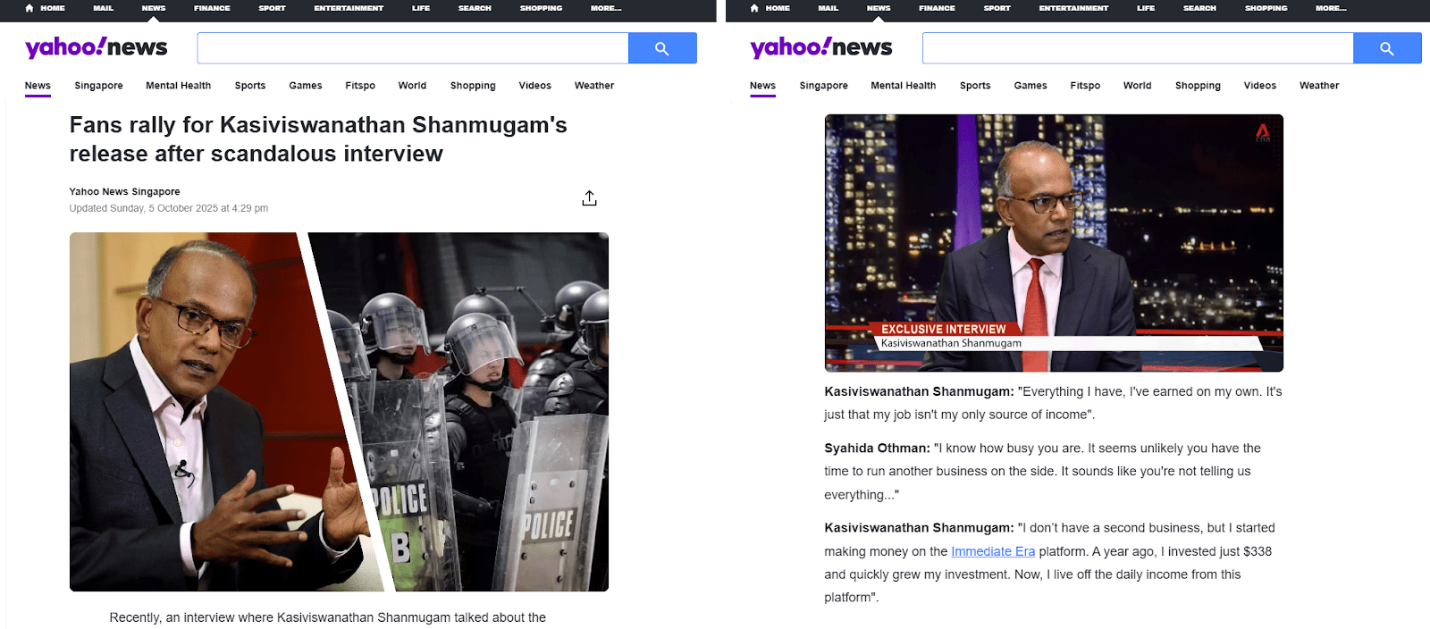 Figure 7. Screenshots of a fictitious interview with Coordinating Minister for National Security, K. Shanmugam that insinuates the minister’s wealth came from the “Immediate Era” platform.