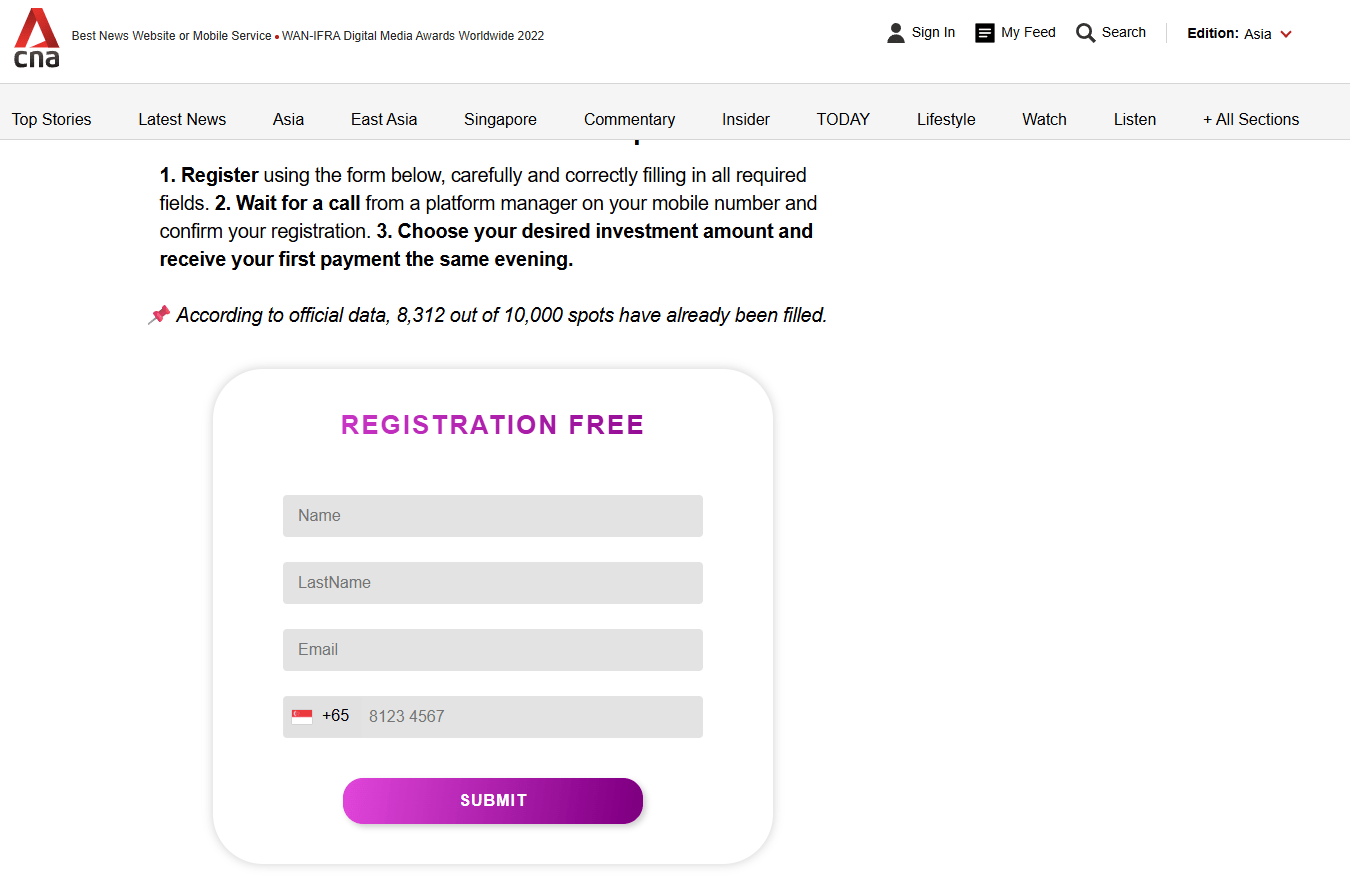 Figure 10. The registration page designed to collect potential victim contact information, while creating a sense of urgency.