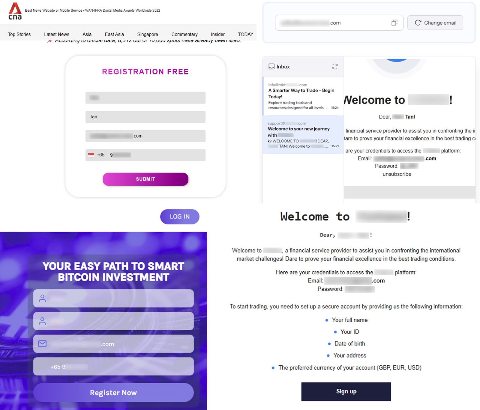 Figure 12. Forms that collect contact information, and the emails that victims would receive after providing their contact information.
