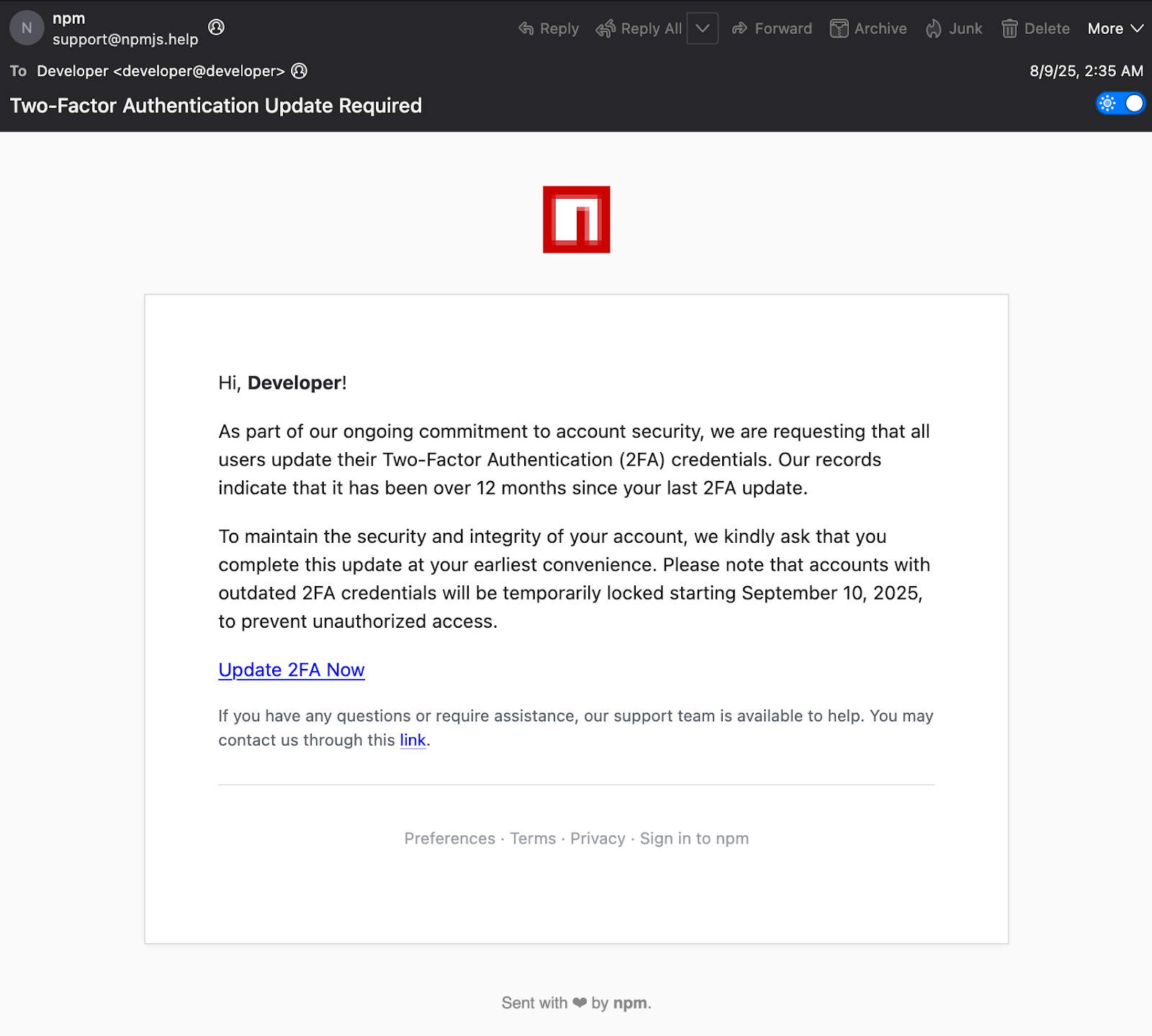 Figure 1. Fraudulent message masqueraded as a security update