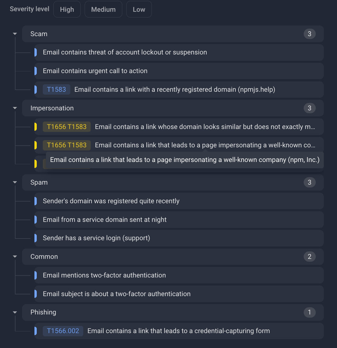 Figure 2. Business Email Protection interface showing threat indicators