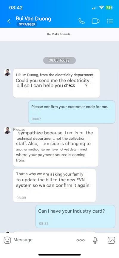 Figure 5. Screenshots of Zalo messages used by the fraudsters to deceive victims. (source: facebook.com translated from Vietnamese)