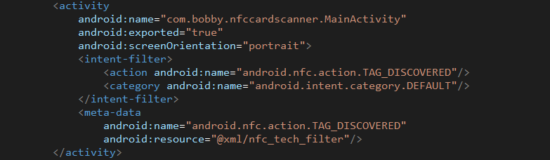 Figure 8. MainActivity manifest entry