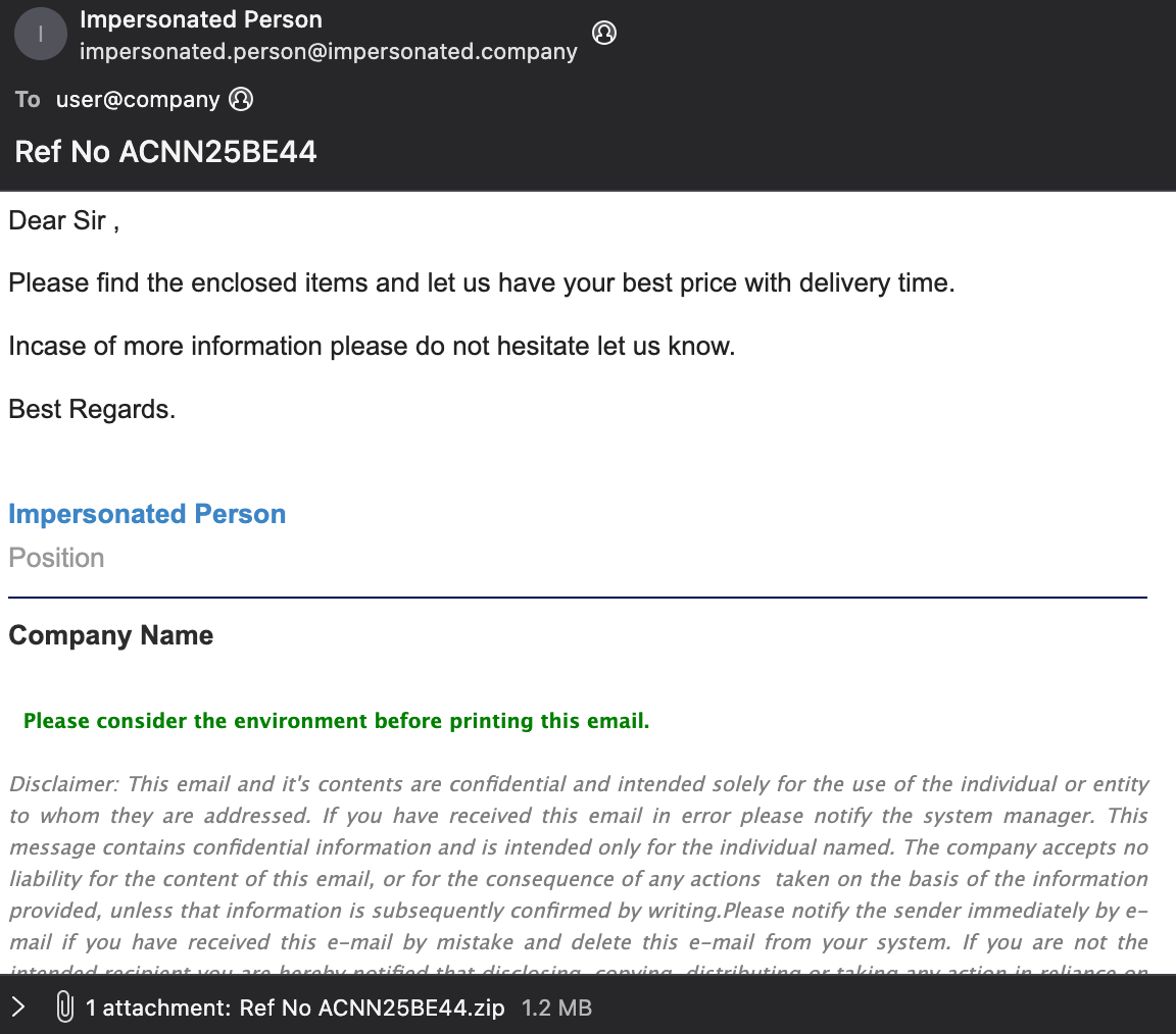 Figure 3. Phishing email with procurement-themed subject