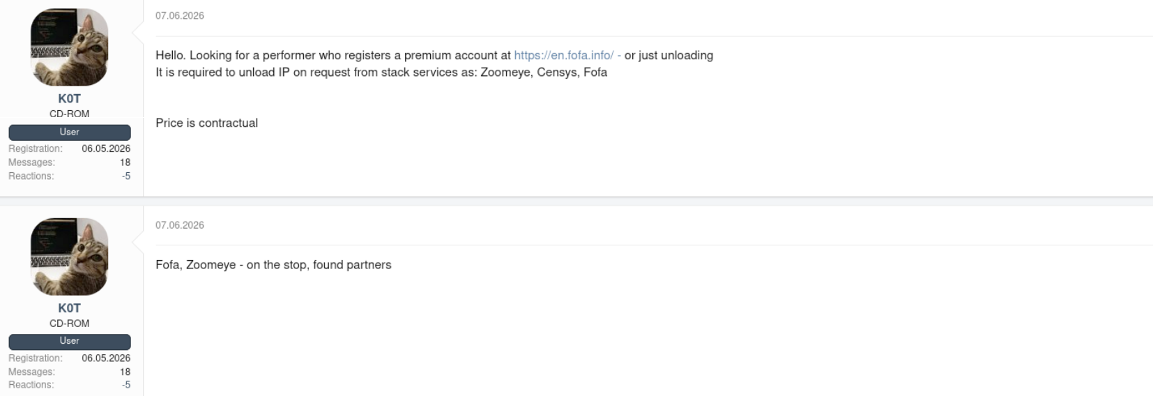 Figure 2. k0t requests a premium FOFA account or on-demand IP exports from FOFA, ZoomEye and Censys. In a follow-up post, he says he has found partners for FOFA and ZoomEye.