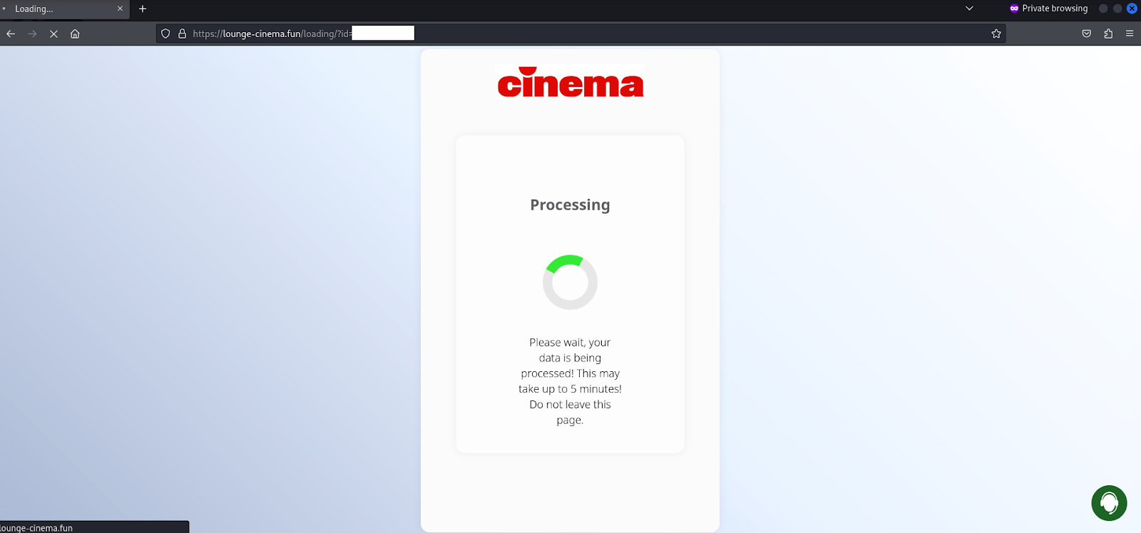 Figure 23. After the user’s credit card information is submitted, a “processing” screen is displayed while the fraudsters harvest the user’s information.