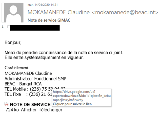 Figure 2. Phishing email with a link to Google Drive