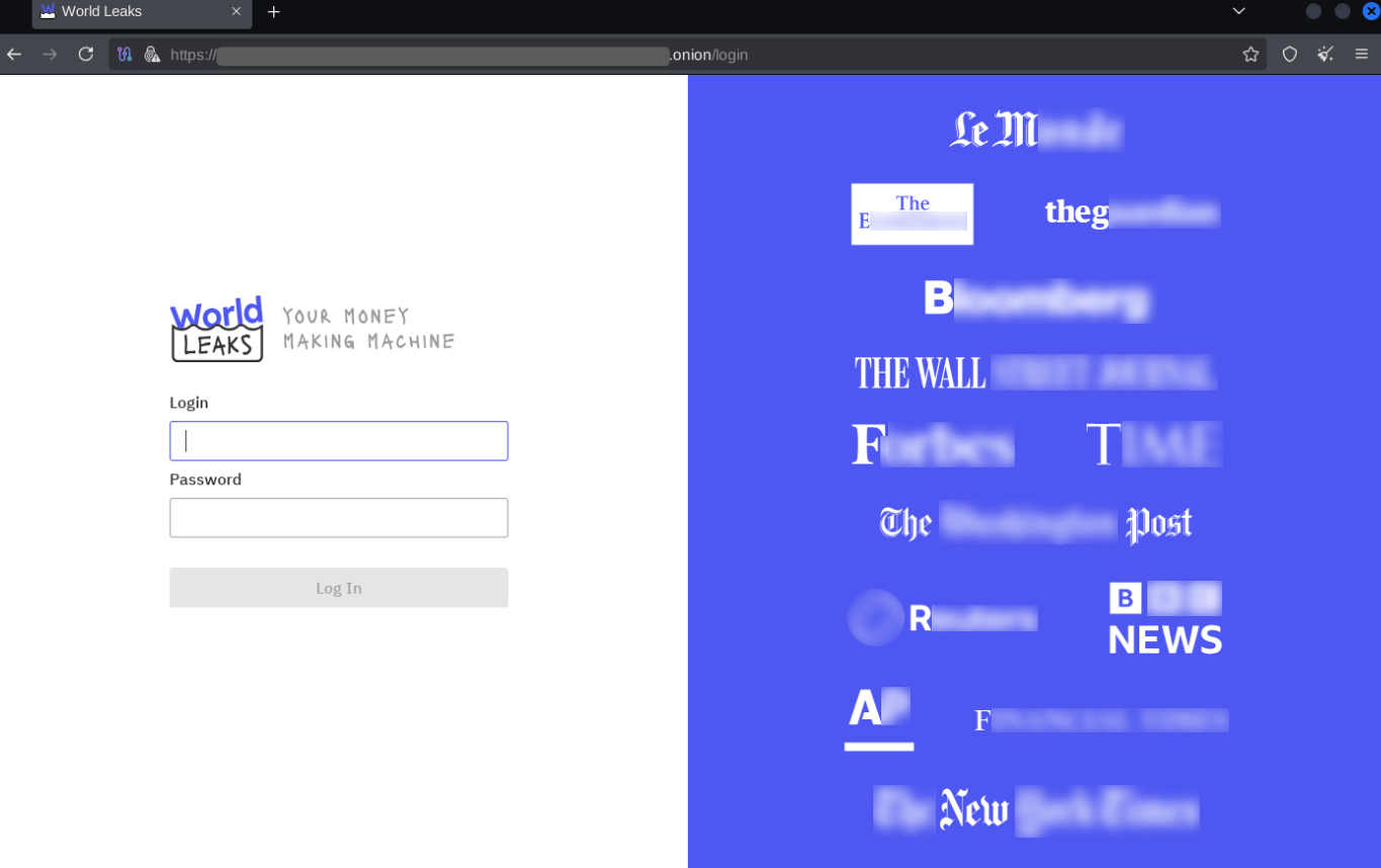 Figure 29. The login page for the affiliates panel of the newly launched World Leaks.