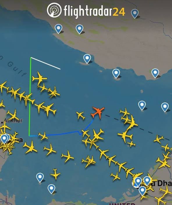 Figure 7: Automatic Dependent Surveillance–Broadcast (ADS-B) data showing erratic aircraft positional-reporting over the Gulf on June 20 (Credit: Flightradar24)