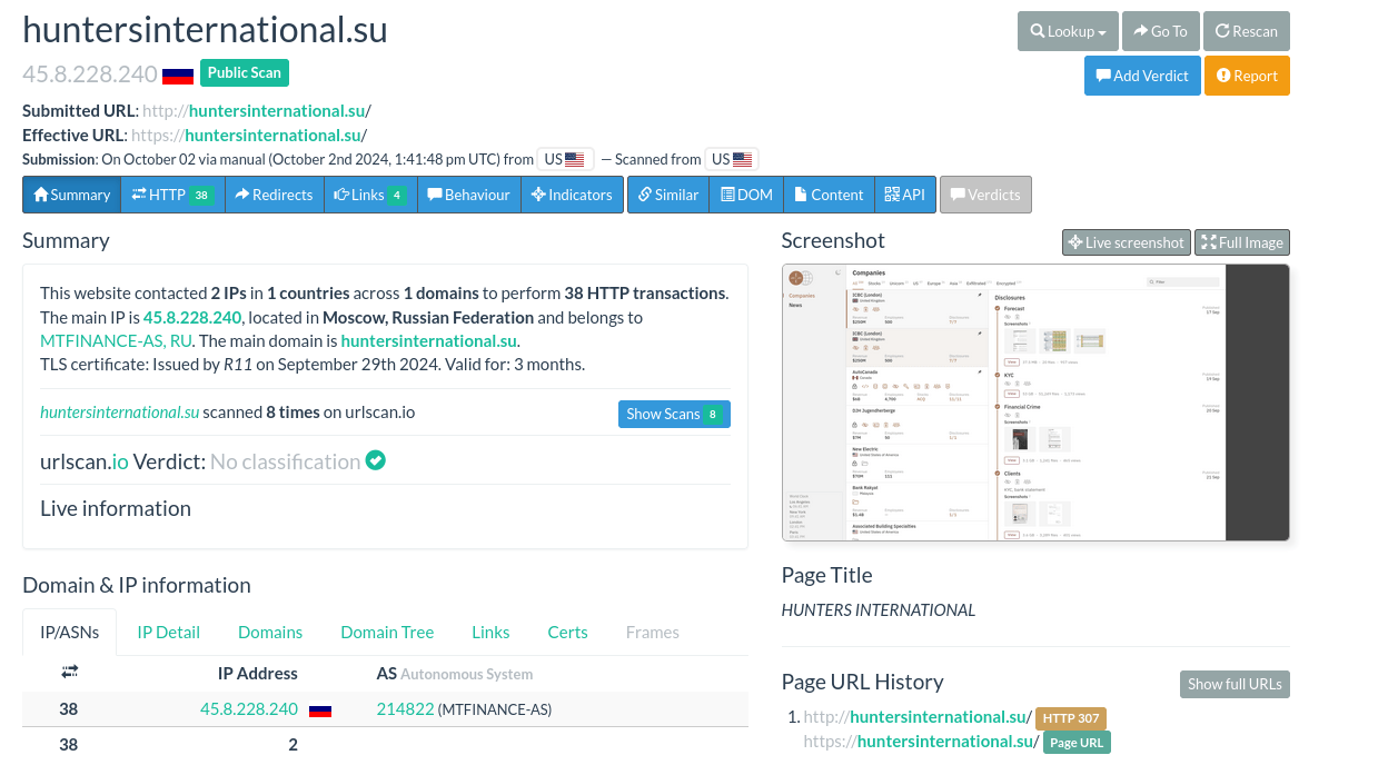 Figure 37. Hunters International's clear net domain. 