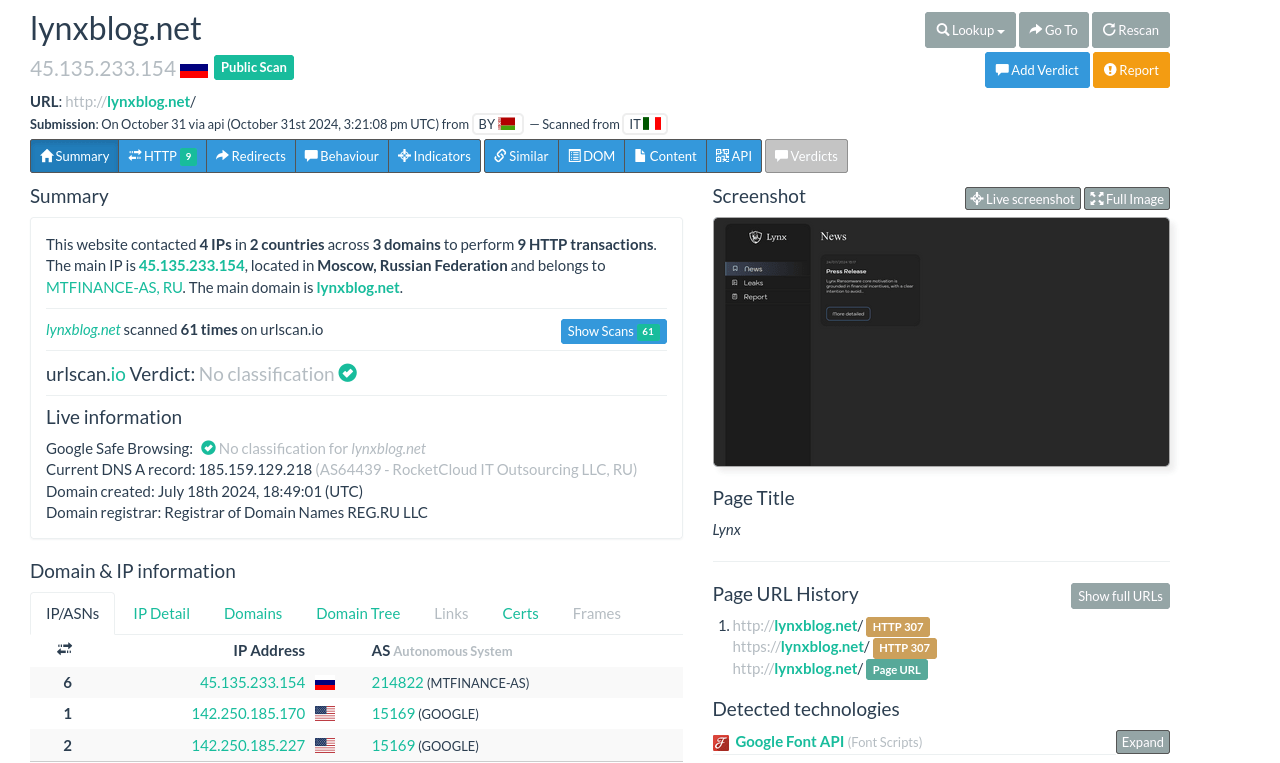 Figure 38. Lynx's clear net domain. S