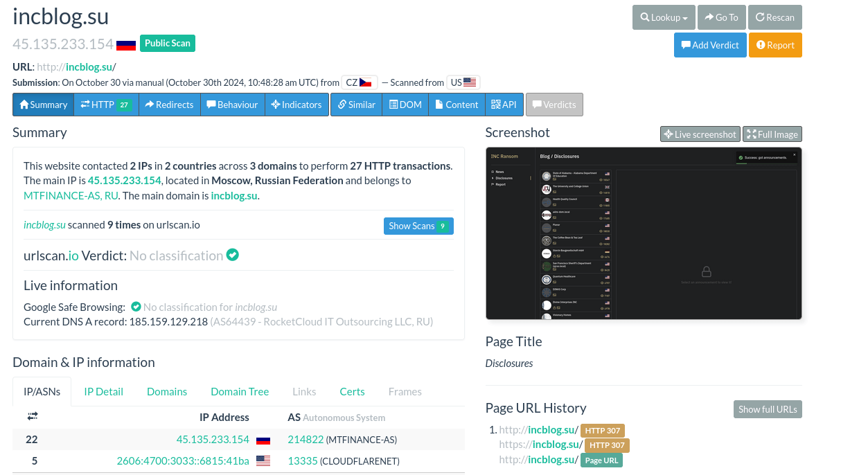 Figure 39. INC's clear net domain. 