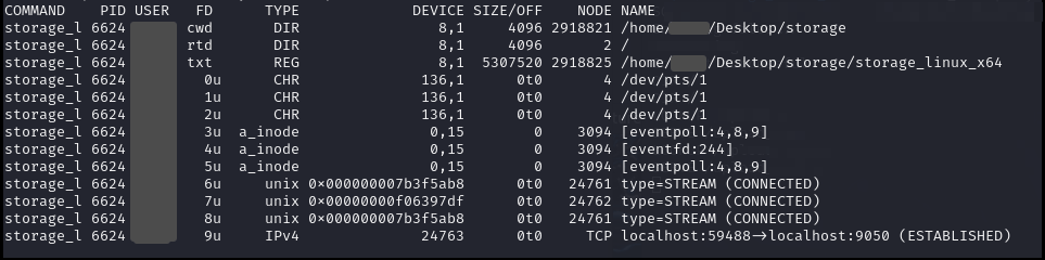 Figure 15. Processes on Linux and established network connection with Hunters International Tor service.