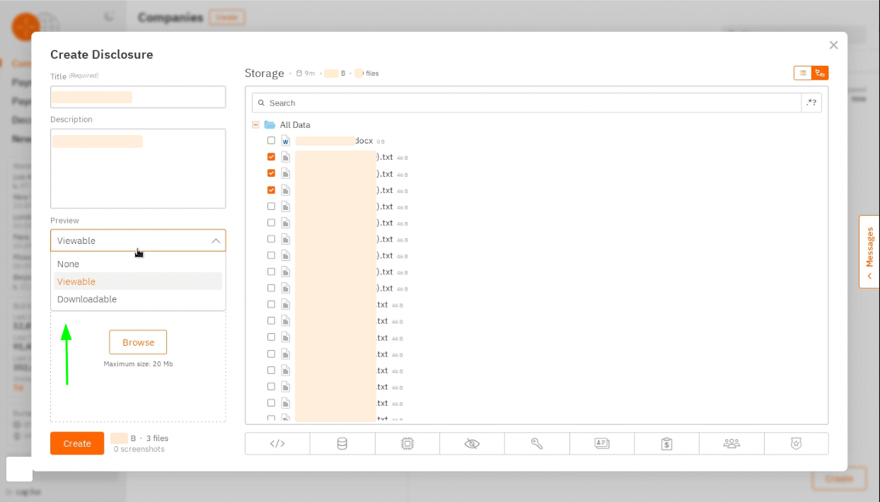 Figure 17. Configuring Disclosures and selecting files to be presented in the victim's panel.