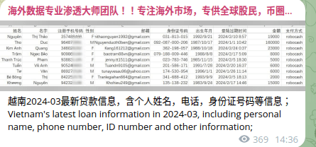Figure 3: Telegram channel 海外数据专业渗透大师团队 claiming to sell global customer databases