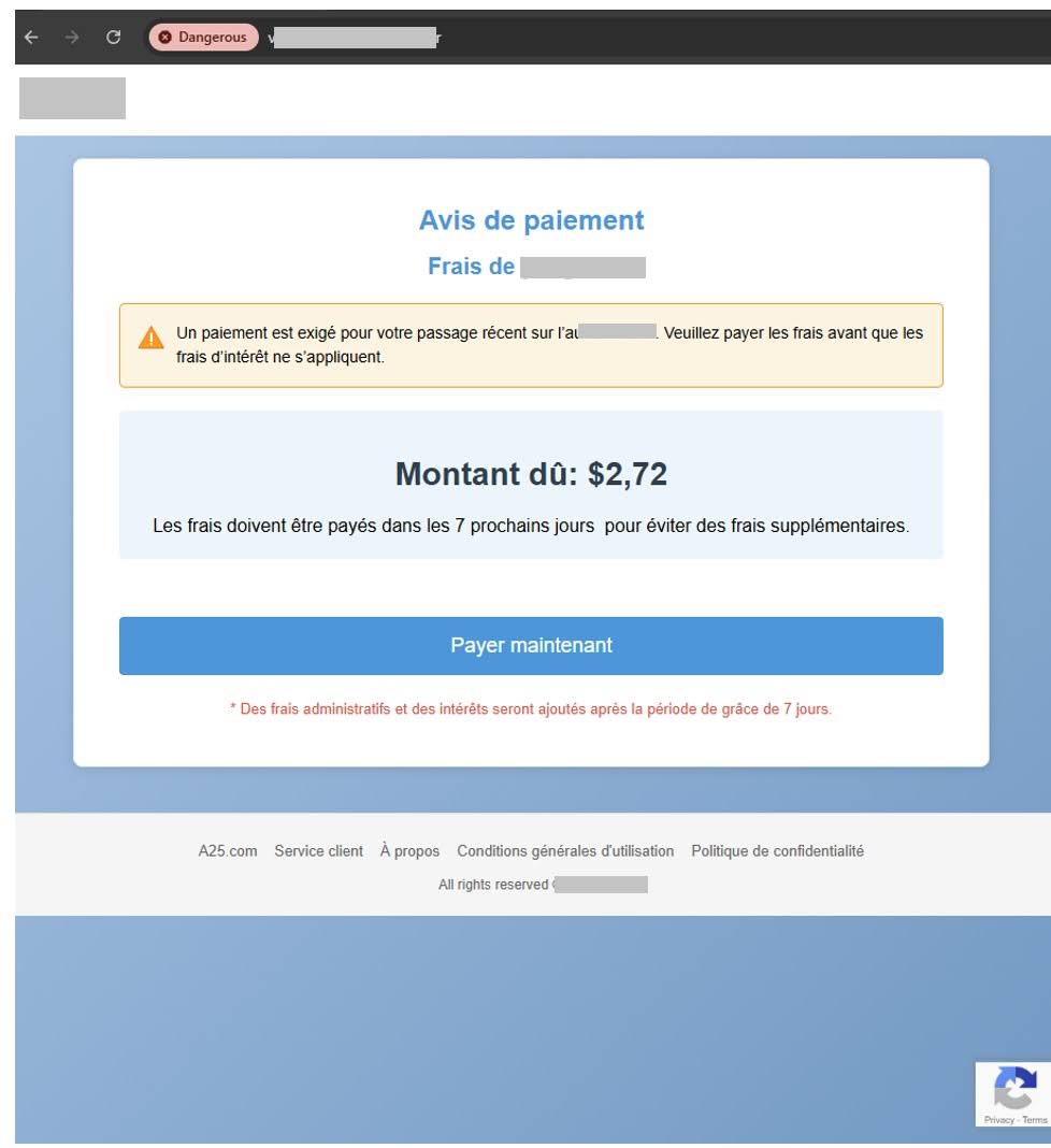 Figure 3. A screenshot of the phishing website mimicking the legitimate toll service portal.