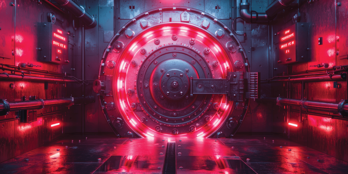 What is Data Loss Prevention? A dark metal vault with glowing red lights remains tightly closed, symbolizing the safety that data loss prevention provides.