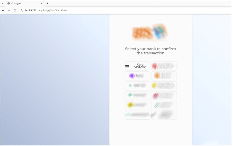 Figure 7. A screenshot of the phishing page sent to the seller to provide their banking credentials, for the purpose of harvesting their banking information.
