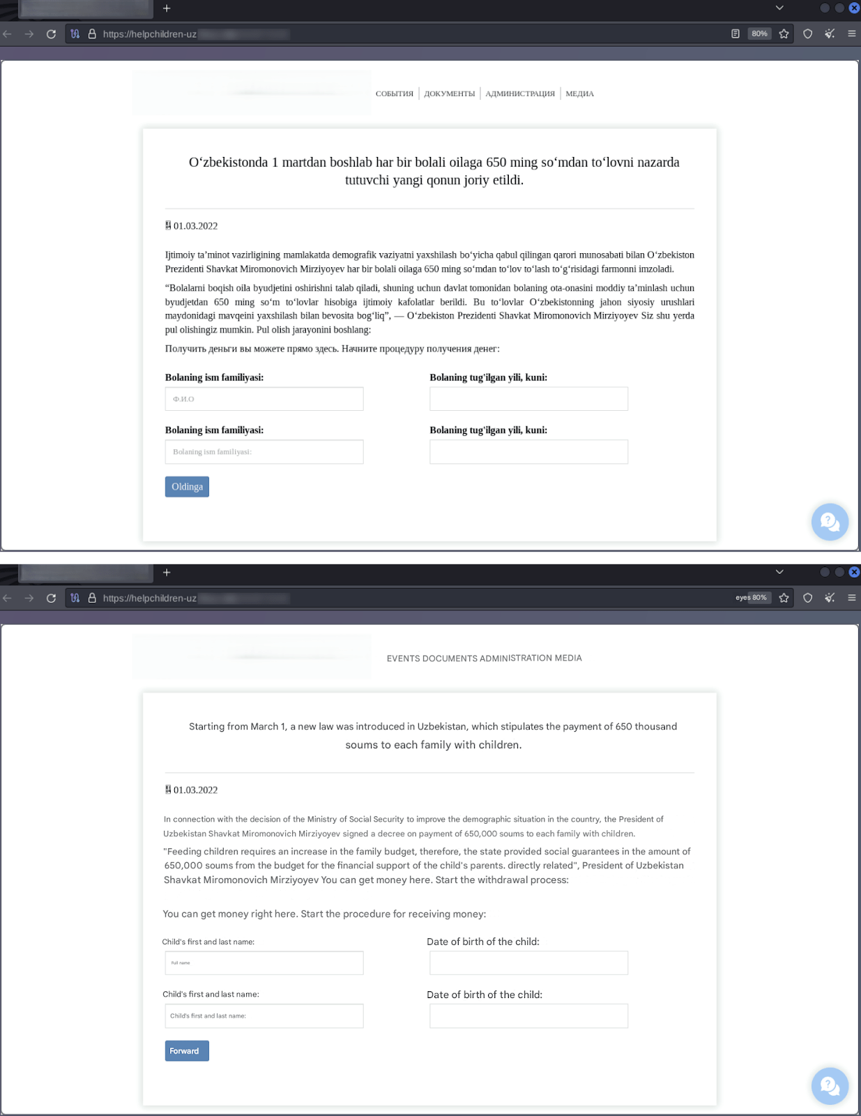 Figure 8. A screenshot of the phishing page created by fraudsters impersonating a government ministry.