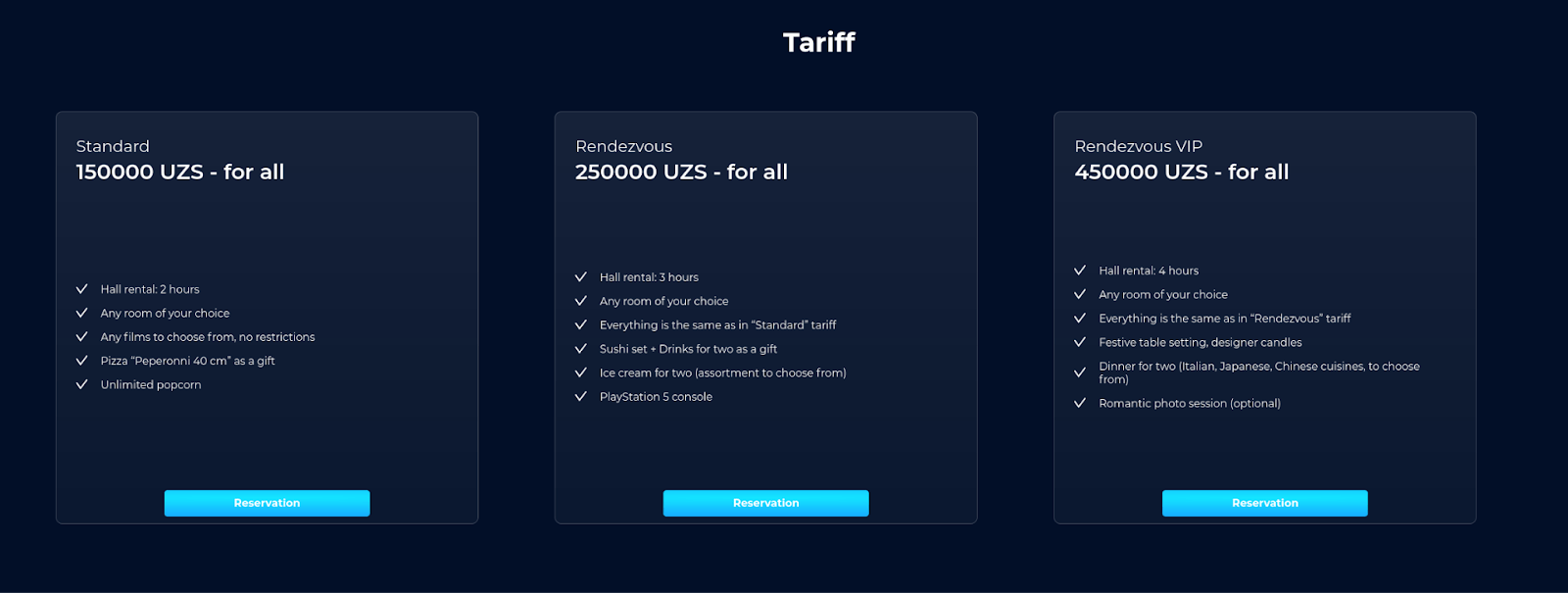 Figure 18. A screenshot of the options for recreation areas within the fake cinema.