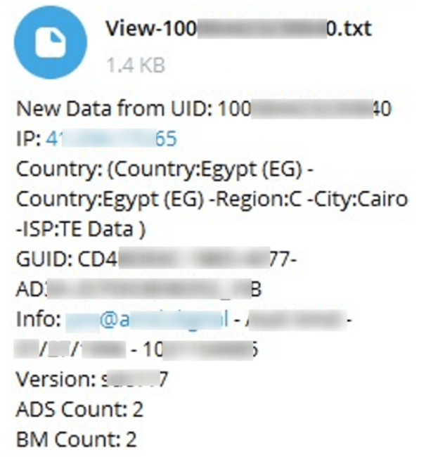 Figure 9. An example of decrypted data received by DuckTail Telegram bot